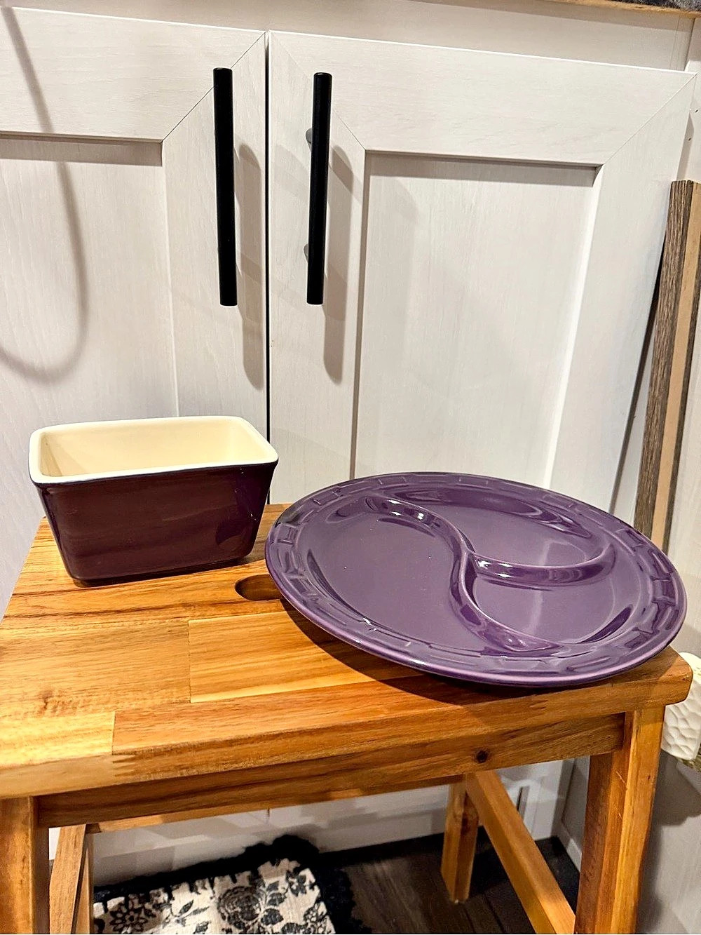 Longaberger Ceramic Loaf Pan eggplant Divided Serving Dish Set